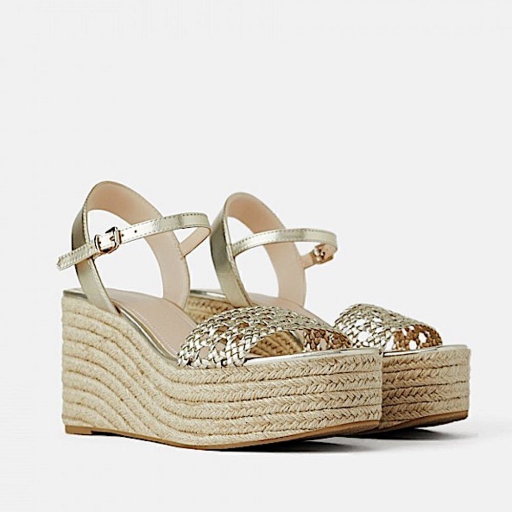 Zara Gold Metallic Woven Espadrille Wedge Sandals
